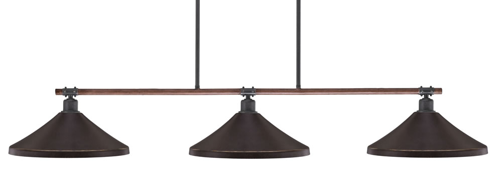 Blacksmith 3 Light Bar Shown In Painted Wood-look Metal & Dark Granite Finish With 14" Dark Granite Cone Metal Shades