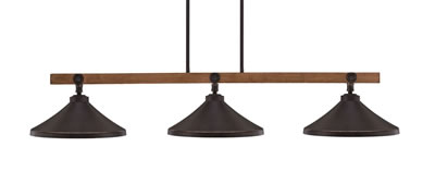 Portland 3 Light Island Bar Shown In Painted Wood-look Metal & Dark Granite Finish With 14" Dark Granite Cone Metal Shades