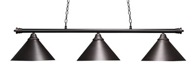 Oxford 3 Light Bar Shown In Dark Granite Finish With 14” Dark Granite Cone Metal Shades 