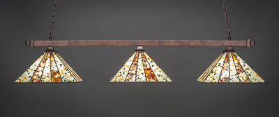 Square 3 Light Bar With Square Fitters Shown In Bronze Finish With 14" Fiesta Art Glass